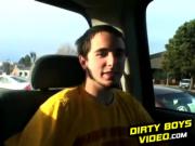 Two gay guys stroking their big dicks in a tow truck