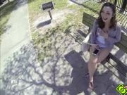 Cute amateur Scarlett Sawyer flashing her boobs and gives blowjob in the park