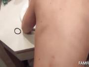 Tattooed brunette banged over bathroom sink