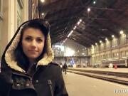 Cute brunette flashing tits in public