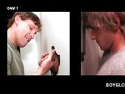 Blonde gay fellating giant dick on gloryhole