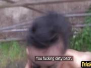 Ebony hooker riding cop white schlong outdoors