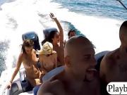 Hot teen coeds showing off booty and orgy on speedboat